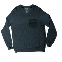 Go Couture Grey V-neck pocket pullover sweatshirt with faux leather shoulder pads and front pocket 