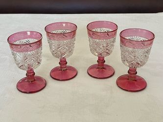 Set of 4 ruby red flashed diamond-point pressed glass mini goblets.