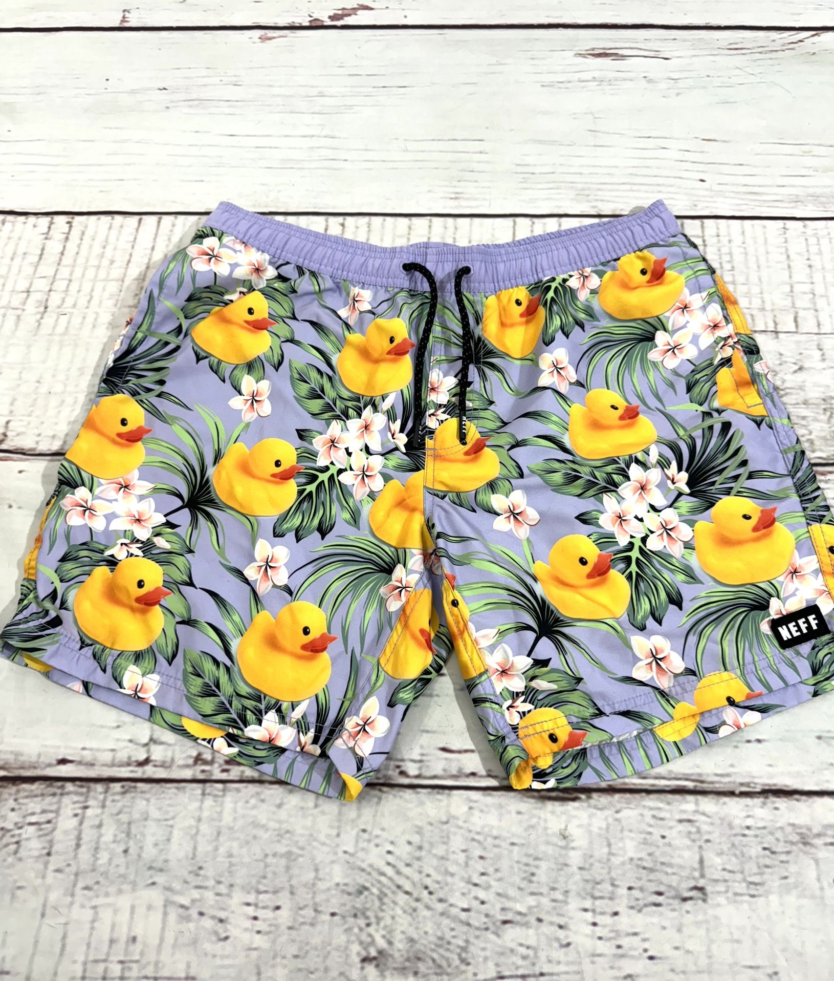 Neff Board Shorts Swim Trunk Mens Large Purple Rubber Duck Floral Beach Pool