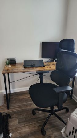 Office chair, desk, monitor