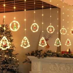 ElodieAu 10ft Christmas Window Lights, 120 Led Curtain Fairy String Light, with 10 Santa Ornaments, Warm White Xmas Tree Lights for Indoor Outdoor Hom