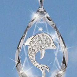 Beautiful  Brand New “24 KT Gold “Dolphin Set In A Glass  Pendant Set On A 925 Sterling Silver  Chain Necklace 
