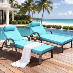 Patio Chaise Lounge Chairs Set of 2 Wicker Pool Lounge Chairs Outdoor with 5 Adjustable Back & Removable Cushion & Tray Tanning Chair Sun Loungers for