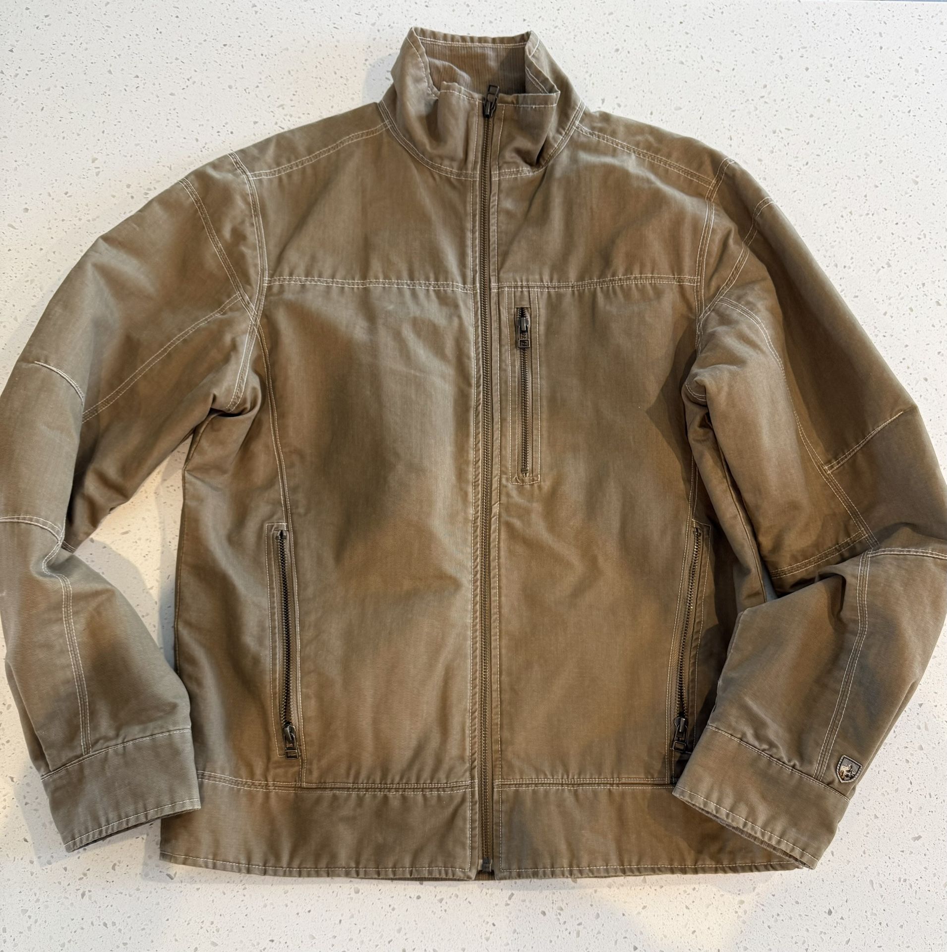 S Kuhl Men’s Disressed Cotton Bomber Patina Poly Fleece Lined Small Khaki Brown