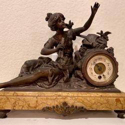 Antique French  Mantel Clock  Signed "L & F Moreau" Marble Bronze  19th Century.