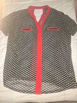 Polka Dot Short Sleeve Blouse with Red Trim