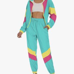 Women's Color Block 2 Piece 80s 90s Outfits Long Sleeve Windbreaker Jacket Mint