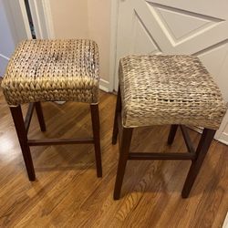Pair of Solid Wood & Woven Seat Stools Backless Barstools