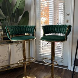 Green & Gold Bar Stools (Set of 2) – Swivel, Adjustable Height