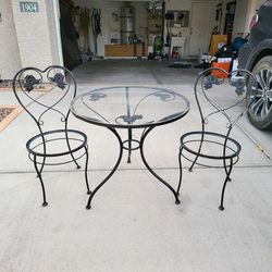 Vintage Iron Round Bistro Patio Table With 2 Chairs Set
