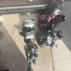 2 Pairs Of Rollerblades With Knee Pads And Helmet