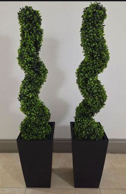 *** CLEARANCE *** PAIR of 38in Faux Boxwood Spirals in 16in Black Planters (2 for $80) @ Lasting Creations
