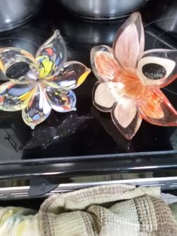 Murano Glass Butterfly and Flower Figurines – Set of 2