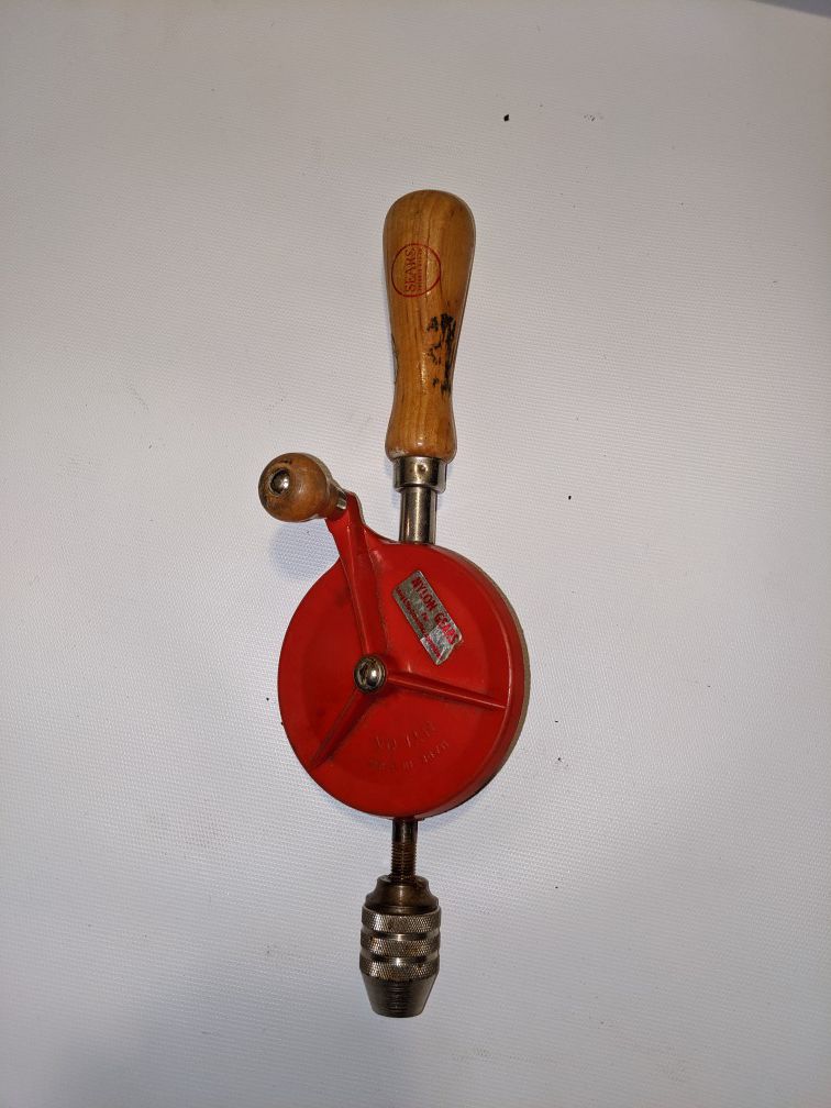 VINTAGE HAND DRILL, "Egg Beater" Style. Wooden Handles. By Sears, Roebuck & Co.
