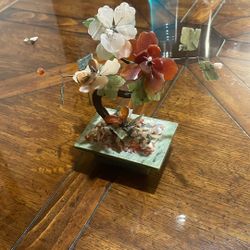 Vintage Jade Tree With Gemstones And Agate Cloisonne Pot 8" Tall