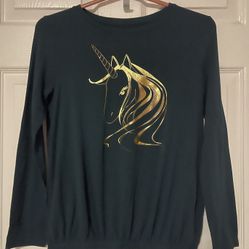 Emerald Green/Gold Unicorn Long Sleeves Top Size L 10/12 Kids 