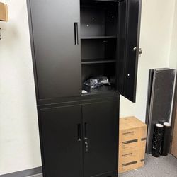 Garage Cabinet, Metal Storage Cabinet with Doors and Shelves, for Home Office, Garage and Utility Room, Black H—74 inch  W —31.5 inch  D—15