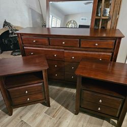 Dresser with mirror and 2 nightstands