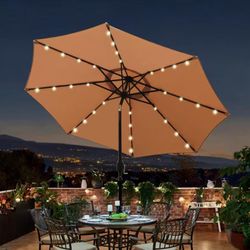9ft Solar Outdoor Patio Umbrella, 32 LED Lights, with Tilt and Crank, Ideal Parasol for Patio, Garden, Deck, Pool and Beach, Tan