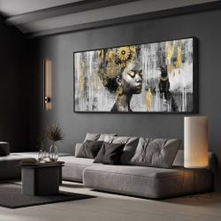 20" x 40" KLAKLA Black Wall Art - African American Black Girl Wall Art Colorful Black African Woman Black and Gold Picture Framed Wall Decor for Livin