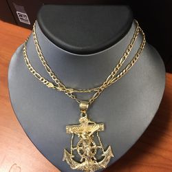 14KT GOLD CHAIN FIGARO STYLE WITH JESUS ANCHOR 
