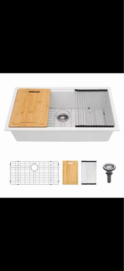 LORDEAR White Granite/Quartz Composite 33 in. x 19 in. Single Bowl Undermount Workstation Kitchen Sink with Accessories