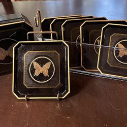 S/6 Black & Gold  Butterfly Coasters In a black lacquer box