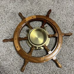 Decorative Wood & Brass Ships Wheel Ready To Hang