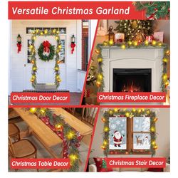 Prelit Garland with Lights 6FT Christmas Tree Lighted Garland Outdoor Indoor Battery Operated Garland for Mantel Table Porch Stair Wall Winter Home Ho