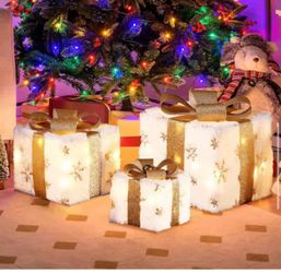 11.81 in. H White and Gold 3-Piece Snowflake Giftbox Holiday Decoration Set with Battery Operated Christmas Lights WHHD2051