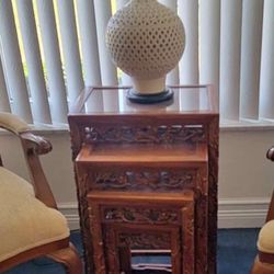 4 Asian Chinese Nesting Stacking Tables. Hand Carved Bird Motif. All Wood Set Only $150 Firm. PAIR Blanc De Chine White Lamps $200.
