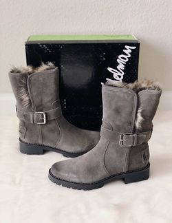 ✨New SAM EDELMAN Jeanie Suede Faux Fur Boots Dark Grey Womens Size 6M NIB