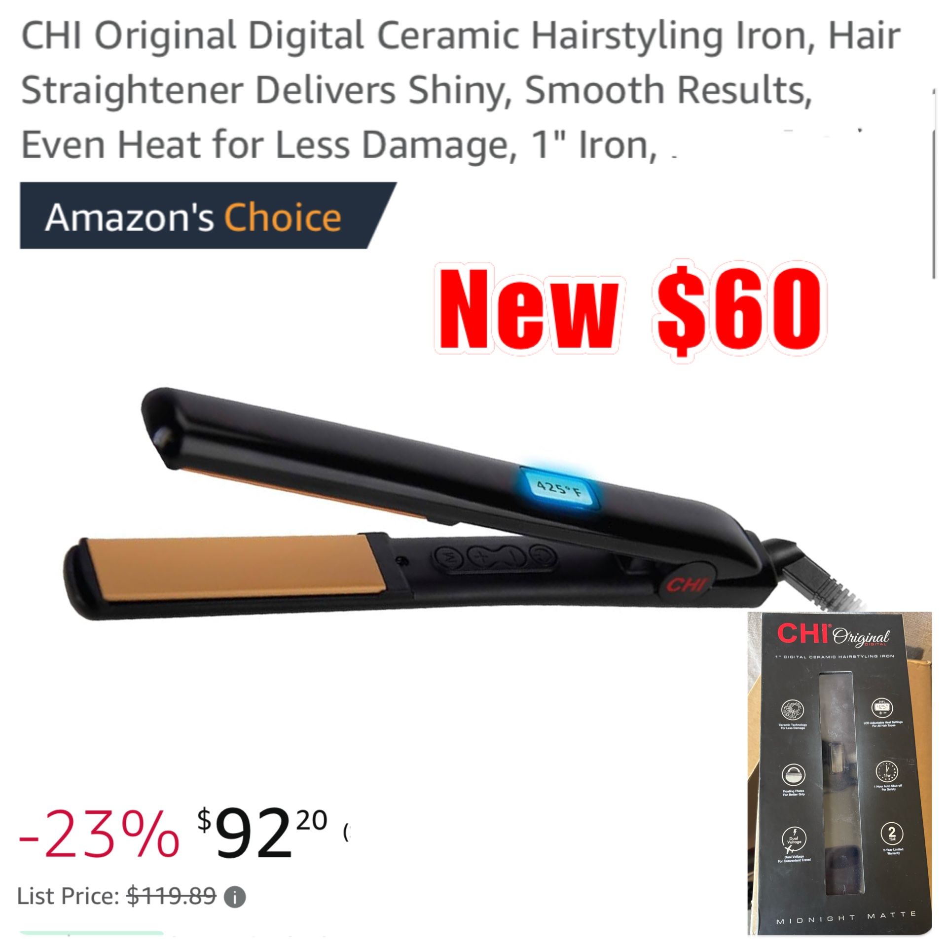New CHI Original Digital Ceramic Hairstyling Iron, Hair Straightener Delivers Shiny, Smooth Results, Even Heat for Less Damage, 1" Iron, $60 cash only