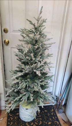 4 ft flocked Christmas tree in a birch pot