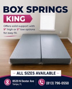 King Size Box Springs - Brand New - Available Heights: 5” Low Profile to 9” Regular - Also in Twin, Full, Queen & Cali King 🚚 Same-Day Delivery