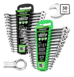 SWANLAKE 30-Piece Combination Wrench Set, Metric & SAE (8-22mm & 1/4” to 1-1/16”),12-Point