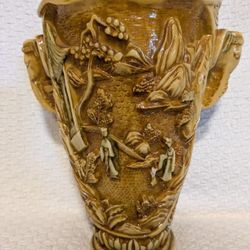 VTG Asian Japanese Chinese Hand Carved Resin Vase W/ Elephant Handles ~ 9.25" Tall