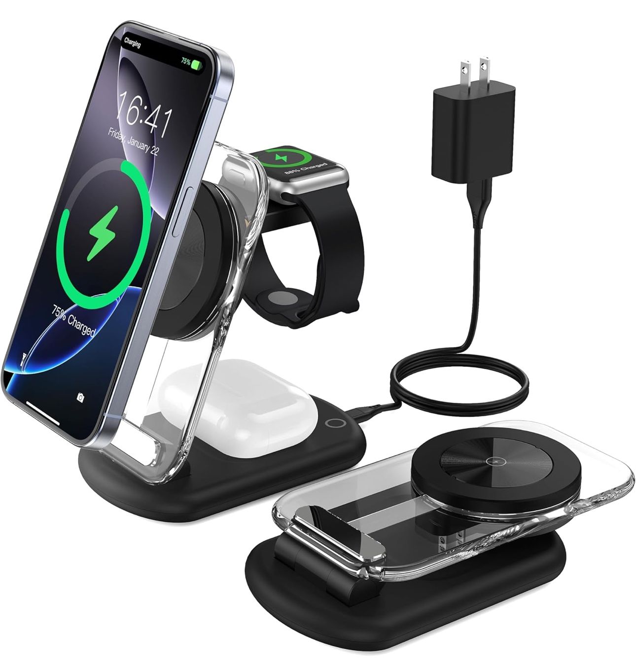 3 in 1 Magnetic Wireless Charging Station for Apple Devices, Fast Foldable Travel Mag-Safe Charger Stand with Night Light for iPhone 16 15 14 13 12 S