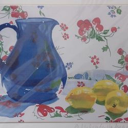 Original Melinda Valadian Signed Watercolor - Blue Pitcher & Lemons Still Life