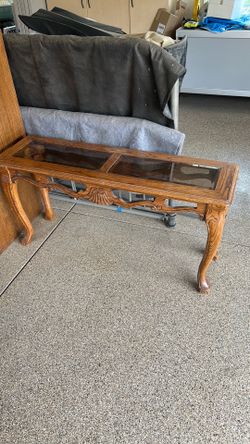 Solid oak couch table with glass insets