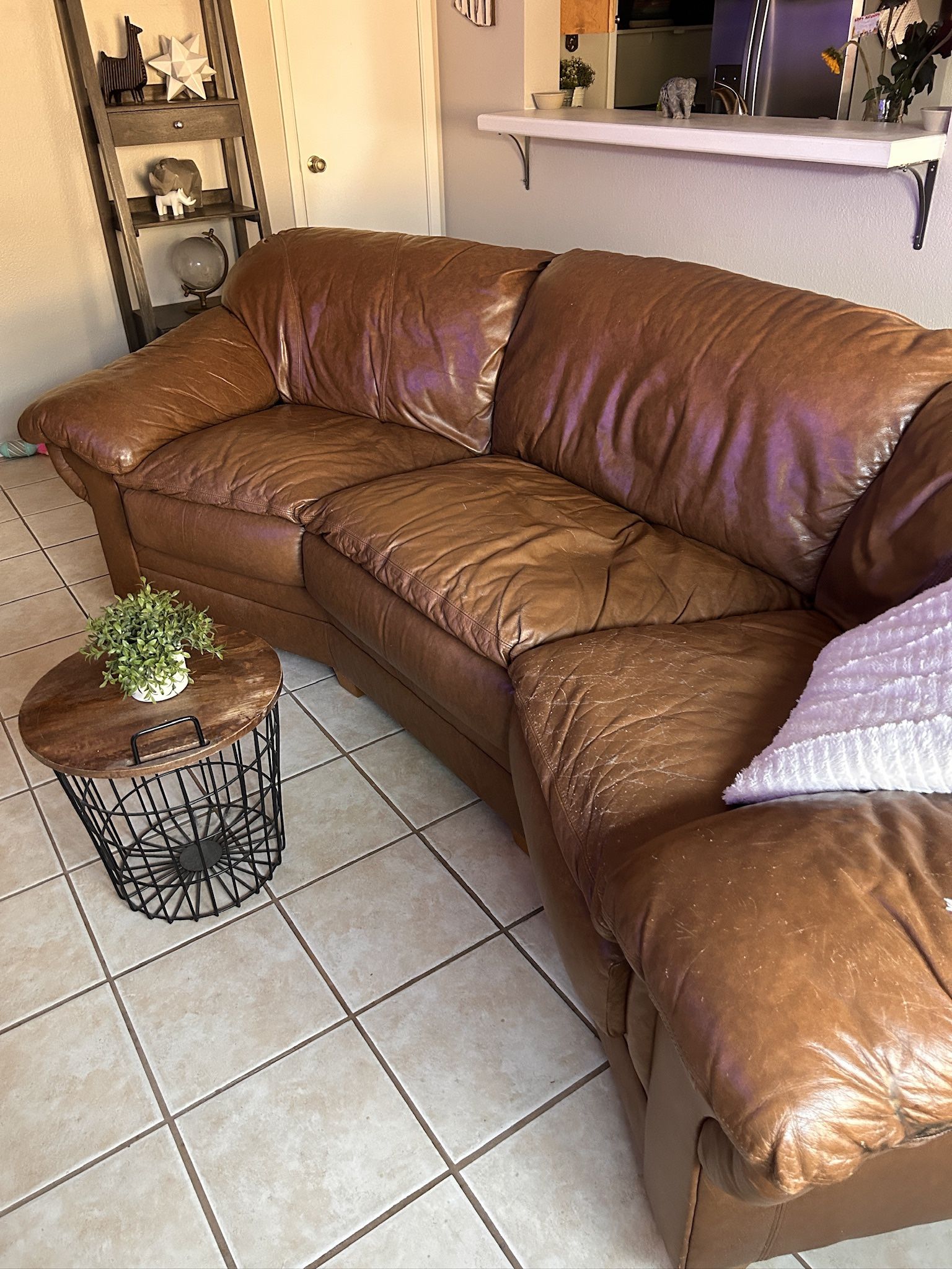 Genuine Leather Couch – Unique Shape, Lots of Life Left