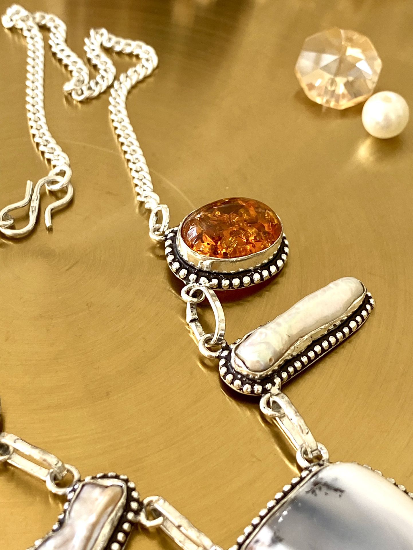 Dendrite Opal, Biwa Pearl And Baltic Amber 925 Sterling Silver Overlay Necklace