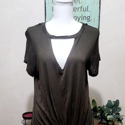 Woman's Olive Green Deep V-Neck Tie Knot Waist Top