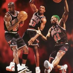 Vintage Chicago Bulls "Running of the Bulls" (Michael Jordan, Scottie Pippen, Dennis Rodman) 1996 NBA Action Vintage Poster - Costacos Final Stock Col