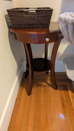 Round Accent / End Table with Drawer & Shelf, Honey Walnut Finish