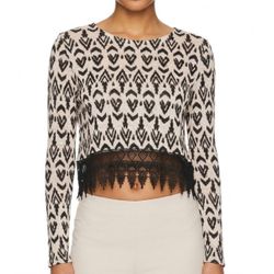 H&M Divided Tribal Ikat Print Long Sleeve Crop Top Lace Hem Black Cream Large