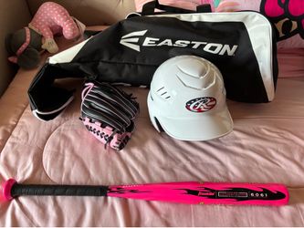 T ball glove, helmet, bat, shoes, and bag