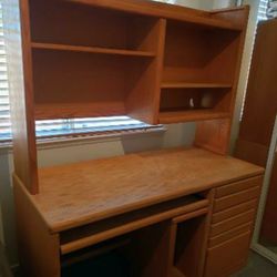 Wood Desk With Detachable Hutch, Moveable Shelves