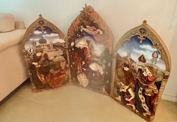 Roman antique nativity triptych features a three-paneled design