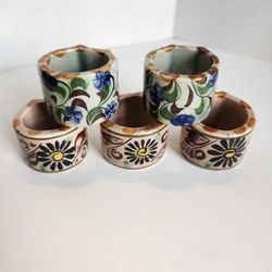 5 Mexico Pottery Napkin Rings Hand Painted Floral - Signed
